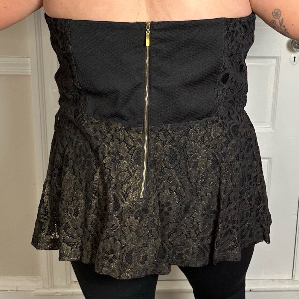 3/$20💥 City Chic‎ Strapless Blouse Black Gold Shimmer Floral Lace Peplum Y2K - Picture 10 of 15